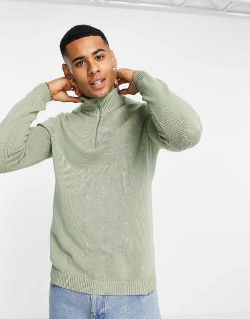 ASOS DESIGN - Halfzware katoenen trui met korte rits in saliegroen