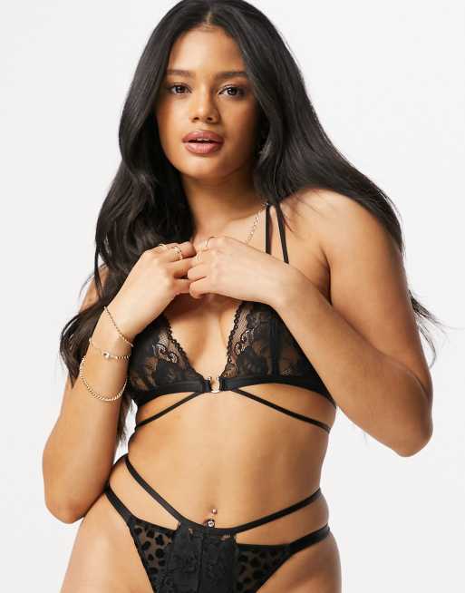 ASOS DESIGN – Hallie – Czarny koronowy biustonosz z trójkątnymi miseczkami i flokowanym zwierzęcym wzorem