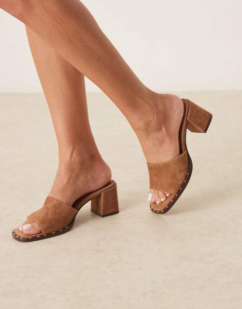 ASOS DESIGN Hallie premium suede mid heeled mules in camel - view 1