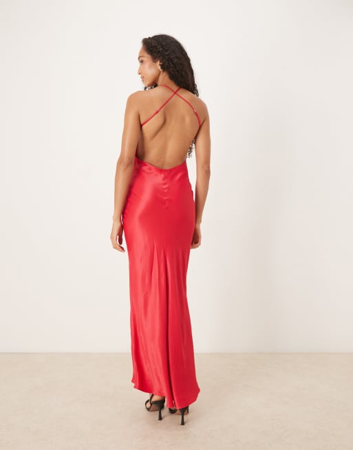 ASOS DESIGN – Hallonröd maxiklänning med dekorativ söm i satin, 4 av 4