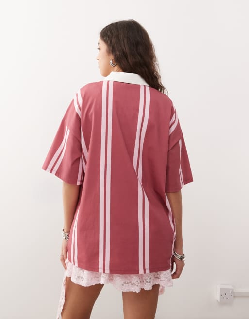 ASOS DESIGN – Hallonröd, randig rugbytopp i oversize, 4 av 4