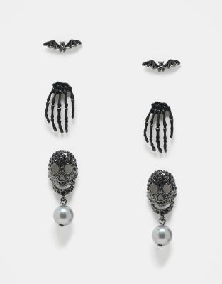 ASOS DESIGN - Halloween - 3er-Pack Ohrringe mit Skelett- und Fledermaus-Design-Bunt