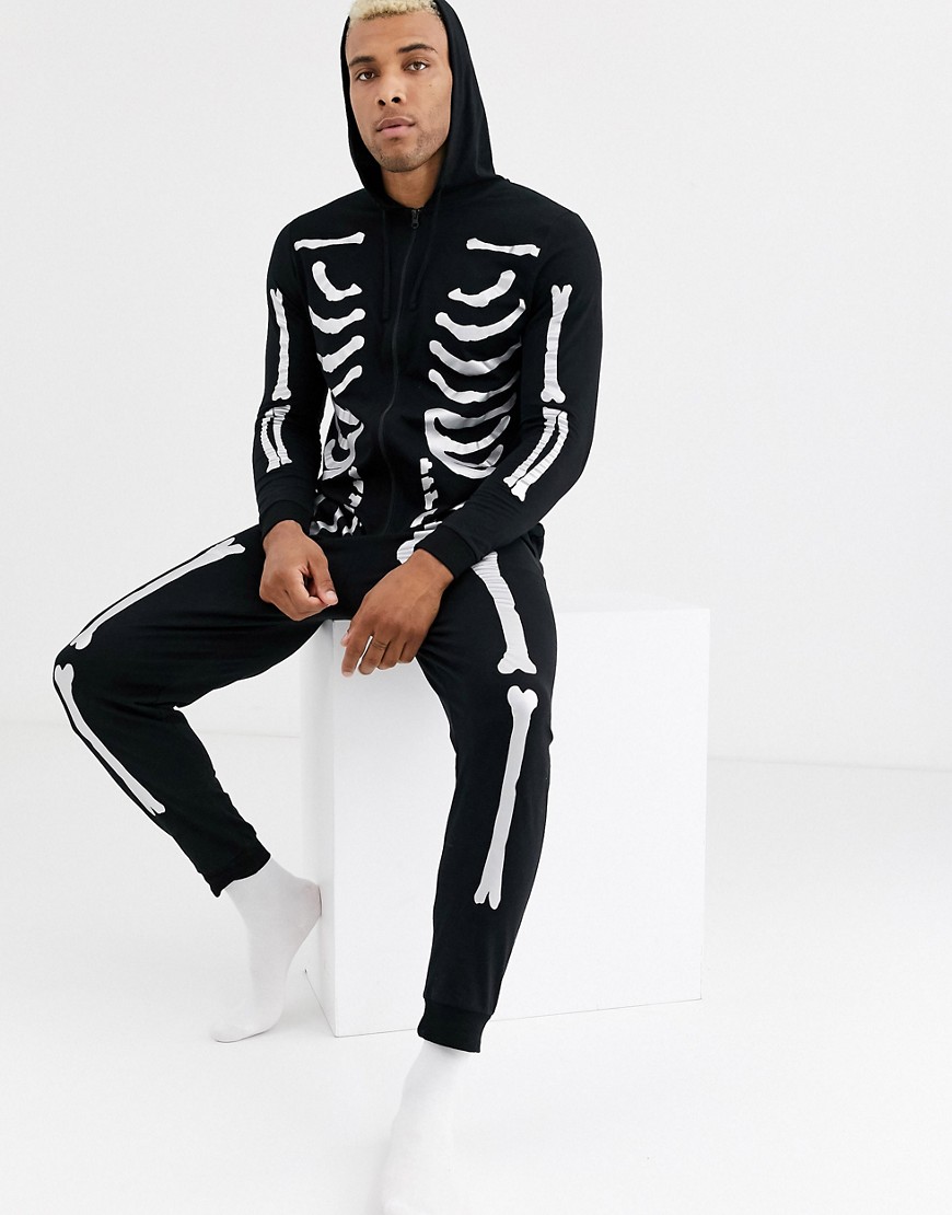 ASOS DESIGN - Halloween - Afslappet onesie med hætte og skeletprint i sølvfolie-Sort