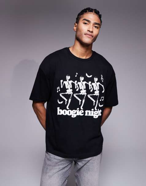 ASOS DESIGN Halloween boxy oversized t-shirt with dancing skeleton graphic in black - view 1
