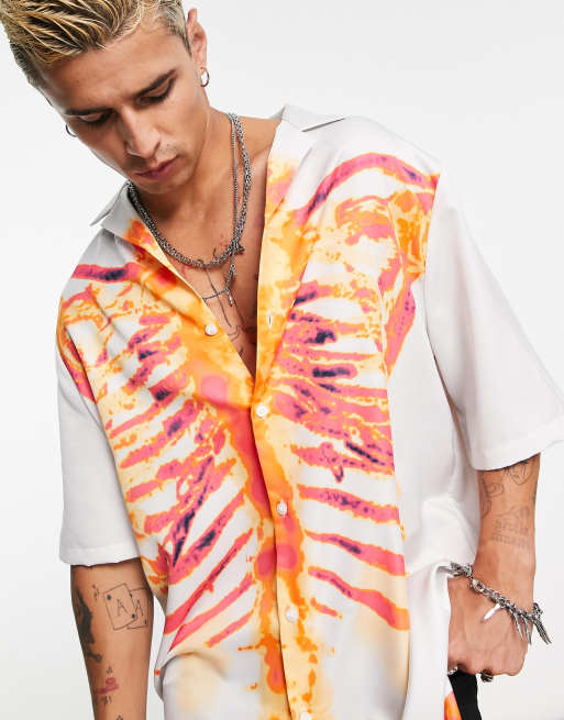 ASOS DESIGN - Halloween - Camicia lunga dalla vestibilità comoda in raso con colletto a rever e stampa di scheletro effetto mappa termica