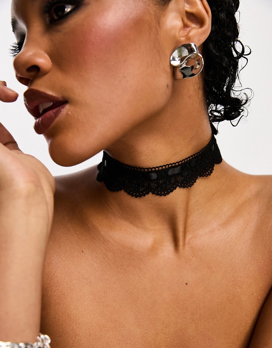 Asos Design Curve Halloween Choker Necklace With Lace And Ribbon Design In Black
