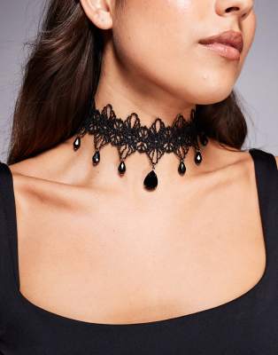 ASOS DESIGN Halloween choker with lace details faux stone pendants in black