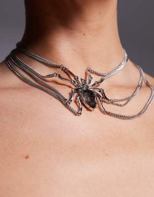 Asos Design Halloween Choker With Spider And Chain Details In Metallic