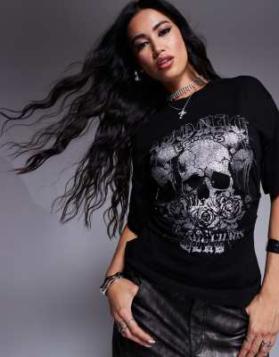 Asos Design Halloween Corset Tee With Hotfix Skull In Black