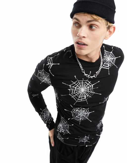 ASOS DESIGN – Halloween – Czarny T-shirt o kroju podkreślającym sylwetkę z długimi rękawami i brokatowym wzorem w pajęczyny