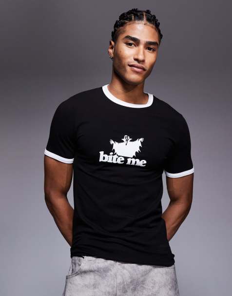 ASOS DESIGN Halloween muscle fit ringer t-shirt with slogan text graphic in black
