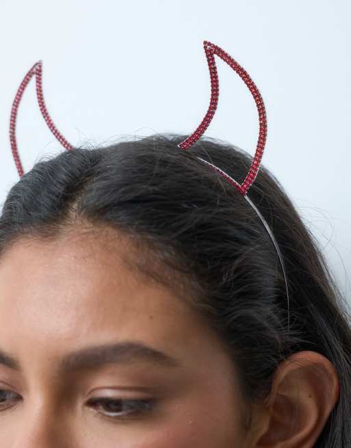 ASOS DESIGN Halloween devil horn headband with red crystal detail in silver tone, 2 of 3