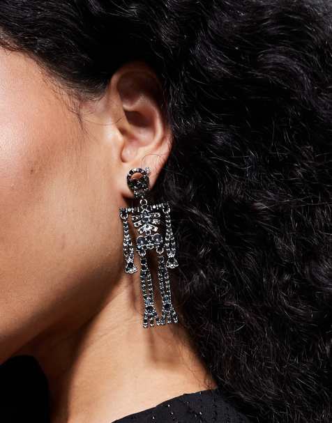 ASOS DESIGN Halloween diamante skeleton drop earrings in black - view 1