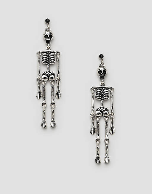 ASOS DESIGN HALLOWEEN earrings with hanging skeleton in silver
