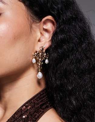 Asos Design Halloween Gem Embellished Cross Earrings With Faux Pearls In Gold
