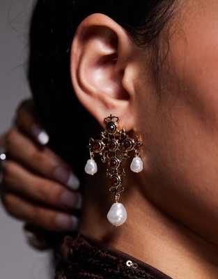 Asos Design Halloween Gem Embellished Cross Earrings With Faux Pearls In Gold