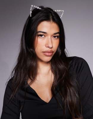 ASOS Design - Halloween - Goldfarbener Haarreif mit katzenohrenförmigen Kunstperlendetails