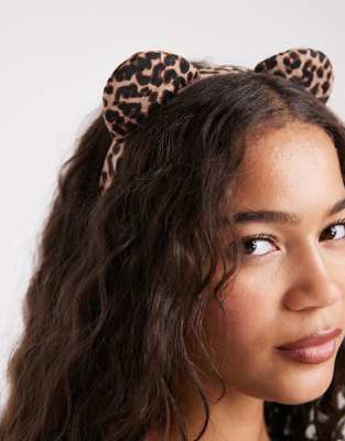 ASOS DESIGN - Halloween - Haarreif in mehrfarbigem Braun mit flauschigem Leopardenmuster und -ohren-Brown