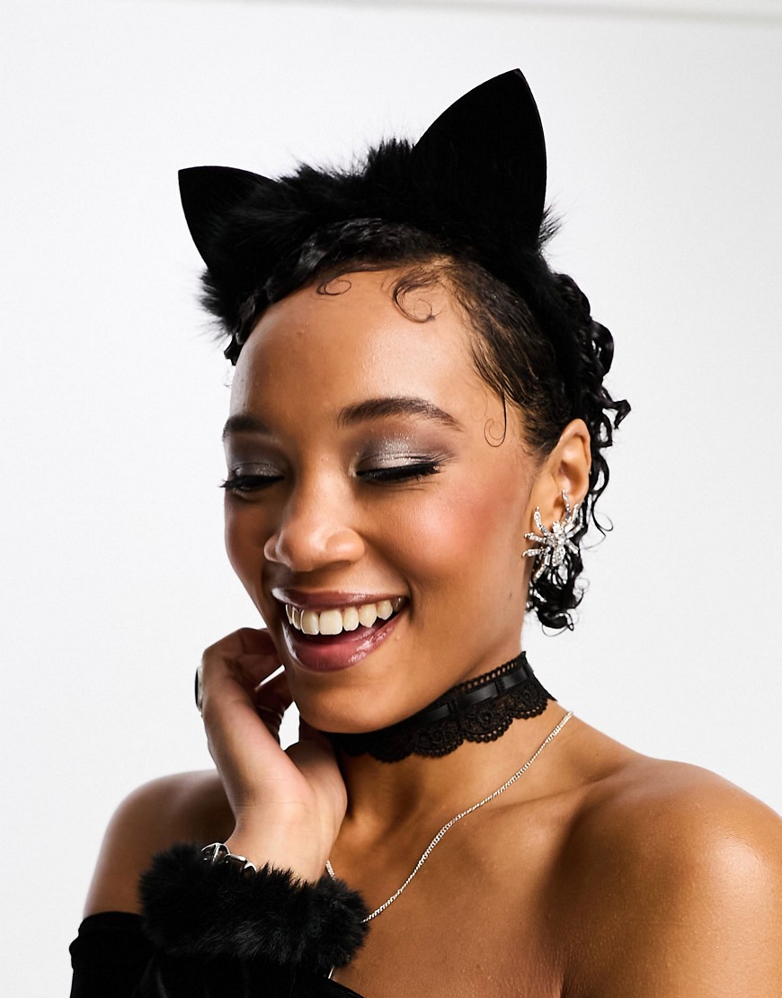 Asos Design Halloween Headband With Cat Ears With Faux Fur In Black