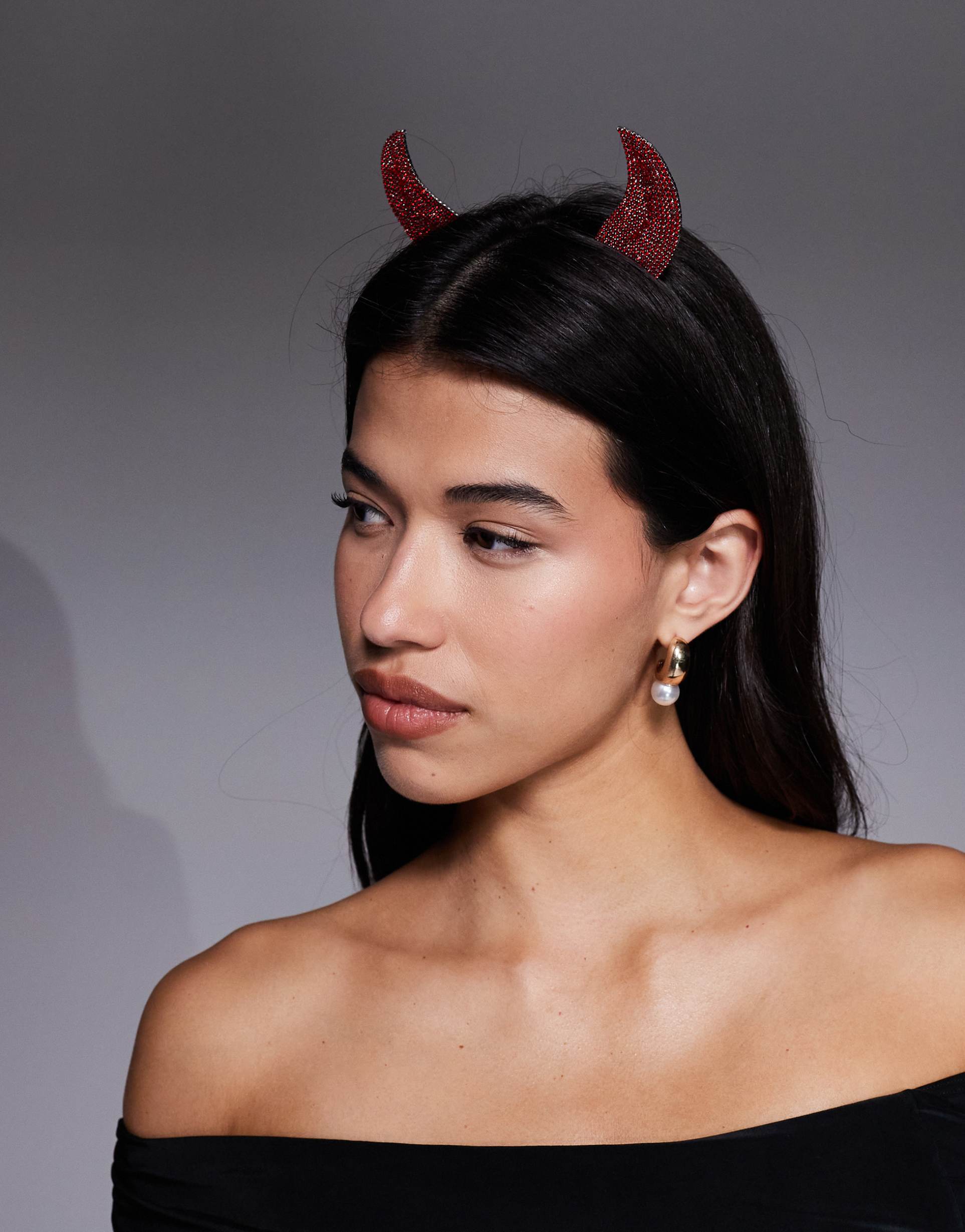 asos design halloween headband with devil horns in red
