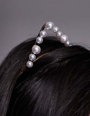 Asos Design Halloween Headband With Faux Pearl Detail Cat Ears In Metallic