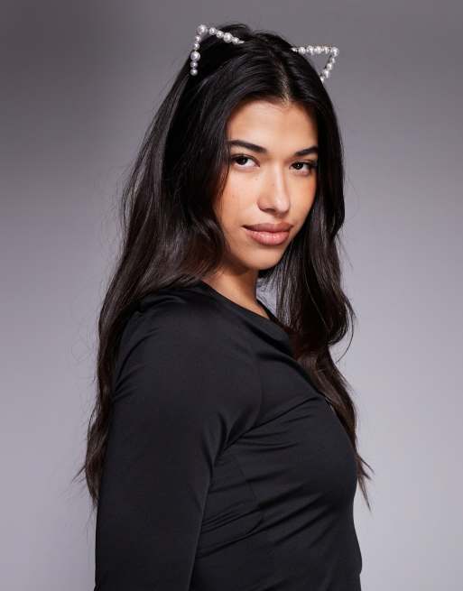 ASOS DESIGN Halloween headband with faux pearl detail cat ears in gold tone