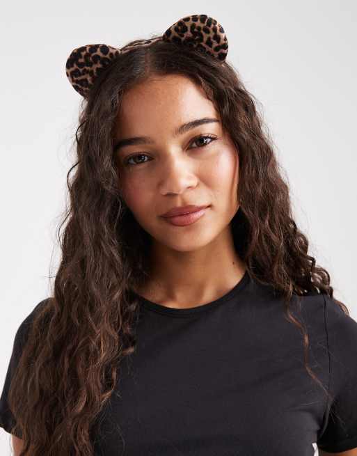 ASOS DESIGN Halloween headband with fluffy leopard ears in brown multi