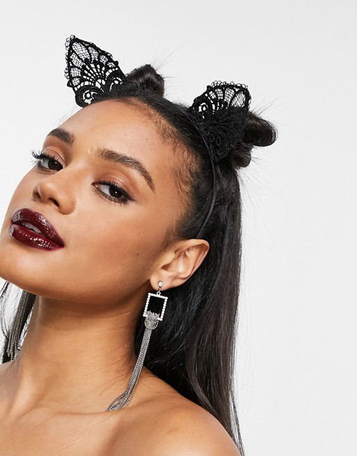 ASOS DESIGN Halloween headband with lace cat ears in black