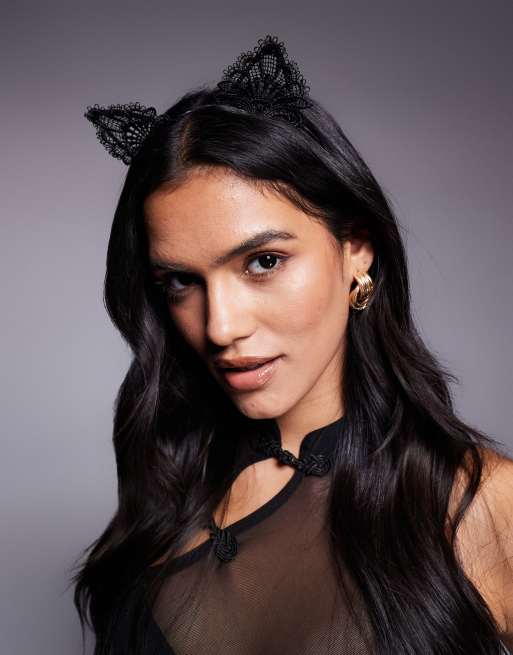 ASOS DESIGN Halloween headband with lace fluffy cat ears in black