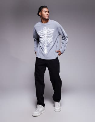 Asos Design Halloween Heavyweight Oversized Long Sleeve T-shirt With Ribbed Skeleton Graphic In Gray