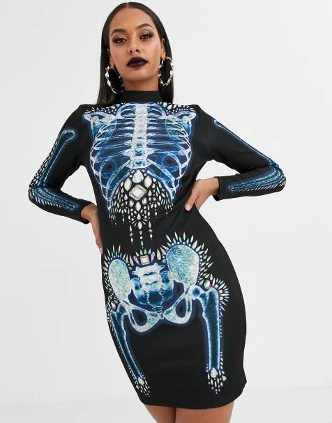 ASOS DESIGN – Halloween – Hochgeschlossenes, figurbetontes Minikleid mit Totenkopf-Design
