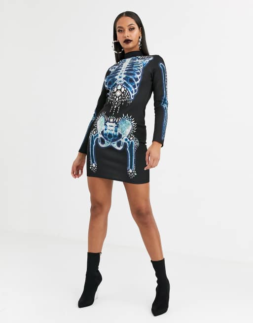ASOS DESIGN – Halloween – Hochgeschlossenes, figurbetontes Minikleid mit Totenkopf-Design, 4 von 4