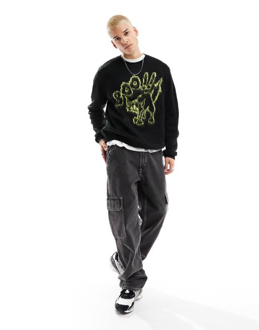 ASOS DESIGN - Halloween - Maglione soffice nero con motivo con gatto