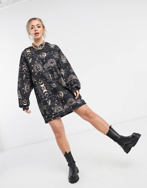 ASOS DESIGN Halloween mini sweatshirt hoodie dress in black with mystic print