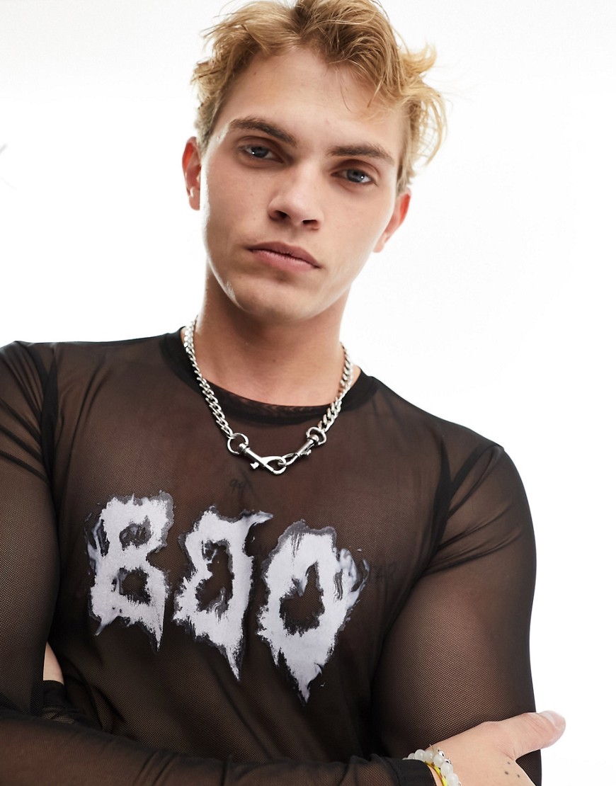 ASOS DESIGN Halloween muscle crop long sleeve t-shirt in black mesh with 'BOO' chest print