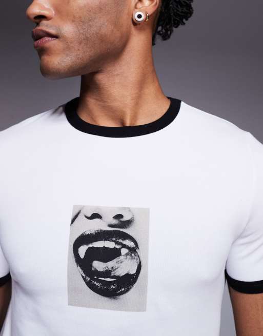 ASOS DESIGN Halloween muscle fit ringer t-shirt with photographic vampire graphic in white