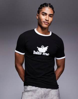 Asos Design Halloween Muscle Fit Ringer T-shirt With Slogan Text Graphic In Black