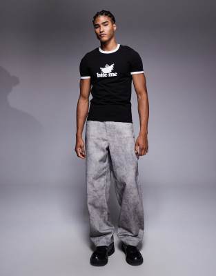Asos Design Halloween Muscle Fit Ringer T-shirt With Slogan Text Graphic In Black