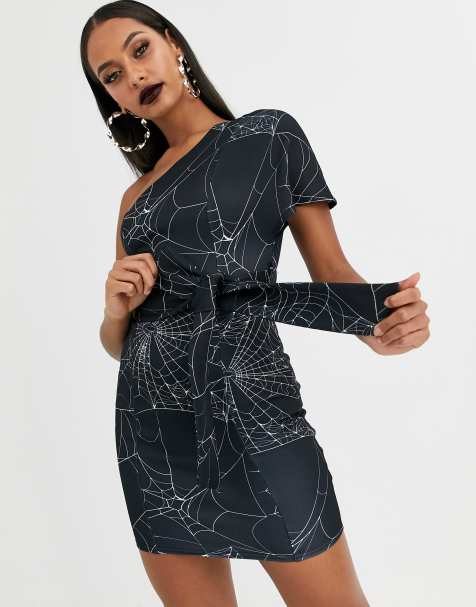 ASOS DESIGN – Halloween – One-Shoulder-Minikleid mit Spinnennetz-Print und Bindegürtel