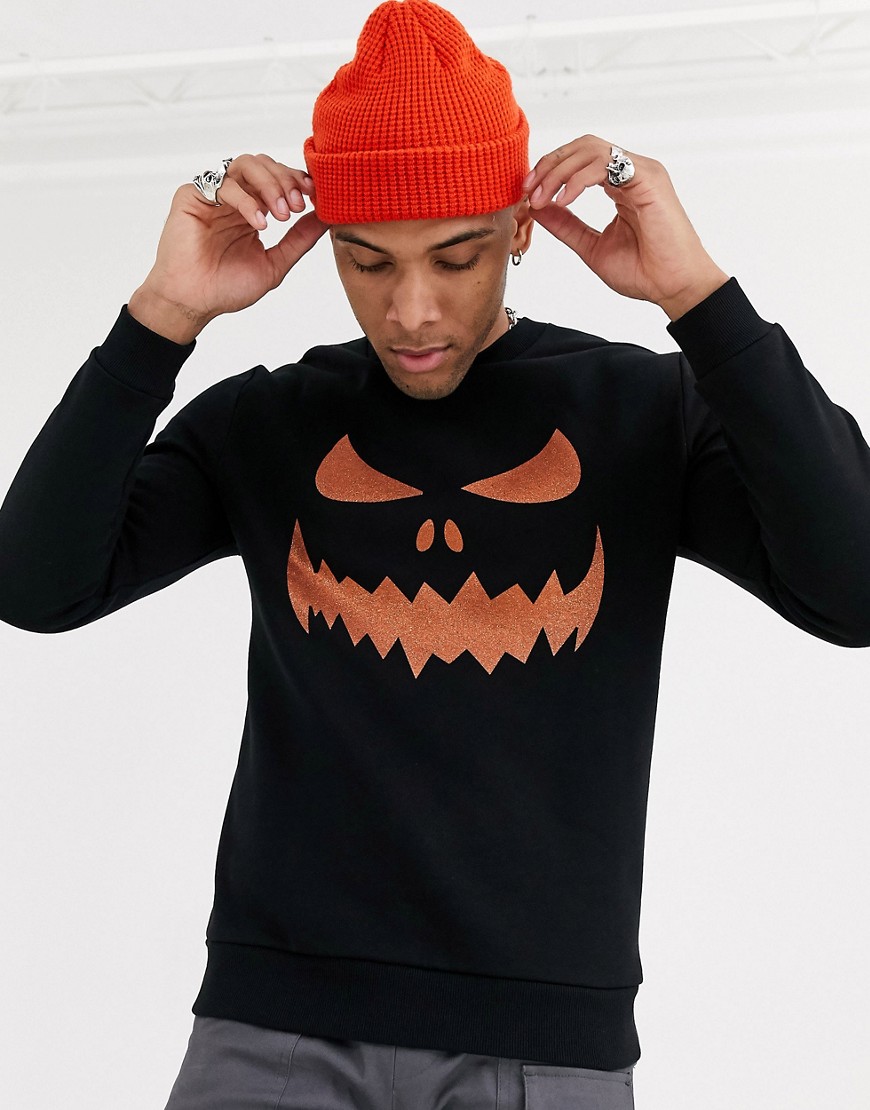 ASOS DESIGN halloween oversized sweatshirt with pumpkin glitter print-Black