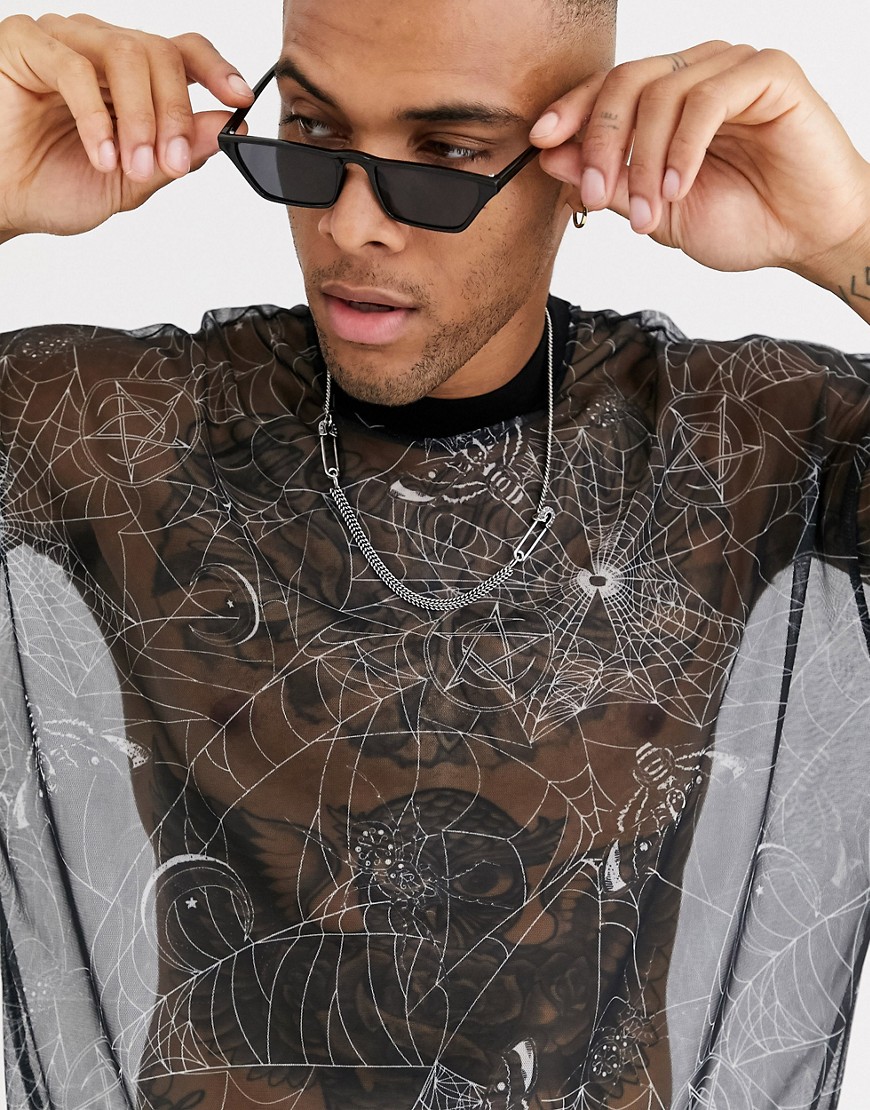 ASOS DESIGN - Halloween - oversized T-shirt i mesh med spindelvævsprint-Sort