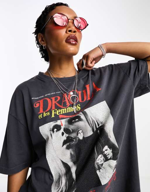 ASOS DESIGN - Halloween - Oversized T-shirt i sort vask med licenseret dracula-grafik