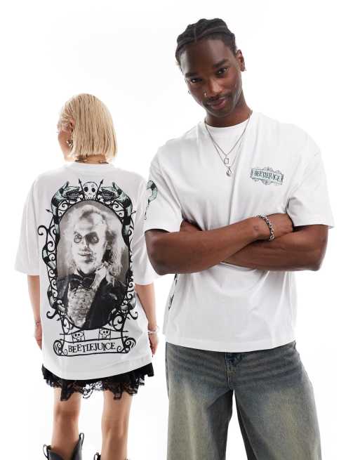 ASOS DESIGN - Halloween - Oversized uniseks T-shirt met Beetlejuice-prints in wit