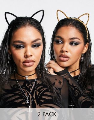 ASOS DESIGN Halloween pack of 2 headbands with cat ears in black and leopard design