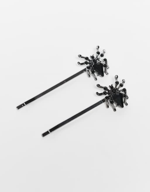 ASOS DESIGN Halloween pack of 4 hair clips with crystal spider design in silver tone