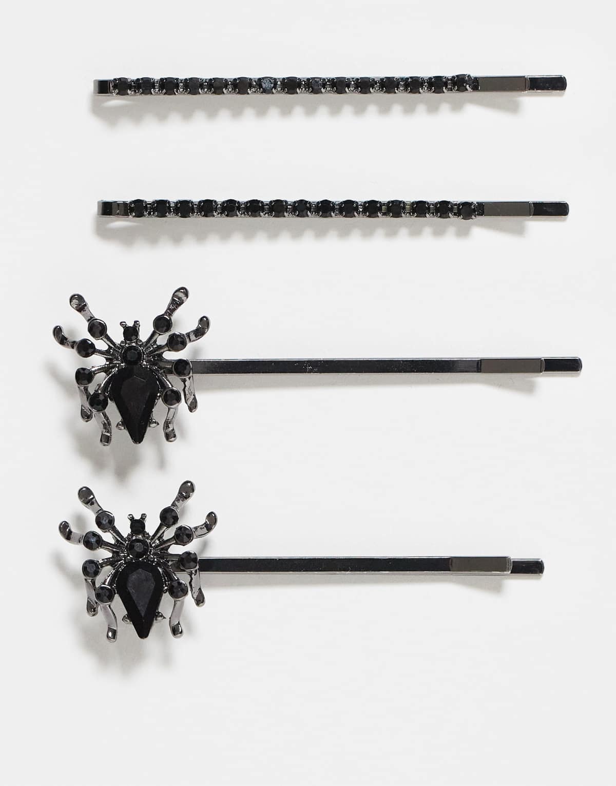 ASOS DESIGN Halloween pack of 4 hair slides with crystal spider design in silver tone