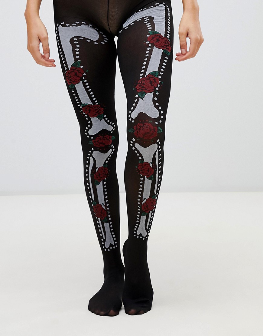 ASOS DESIGN - Halloween-panty met botten en bloemen-Zwart