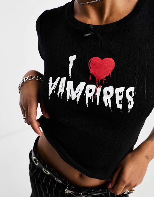 ASOS DESIGN Halloween pointelle baby tee with i heart vampires graphic in black, 2 of 4