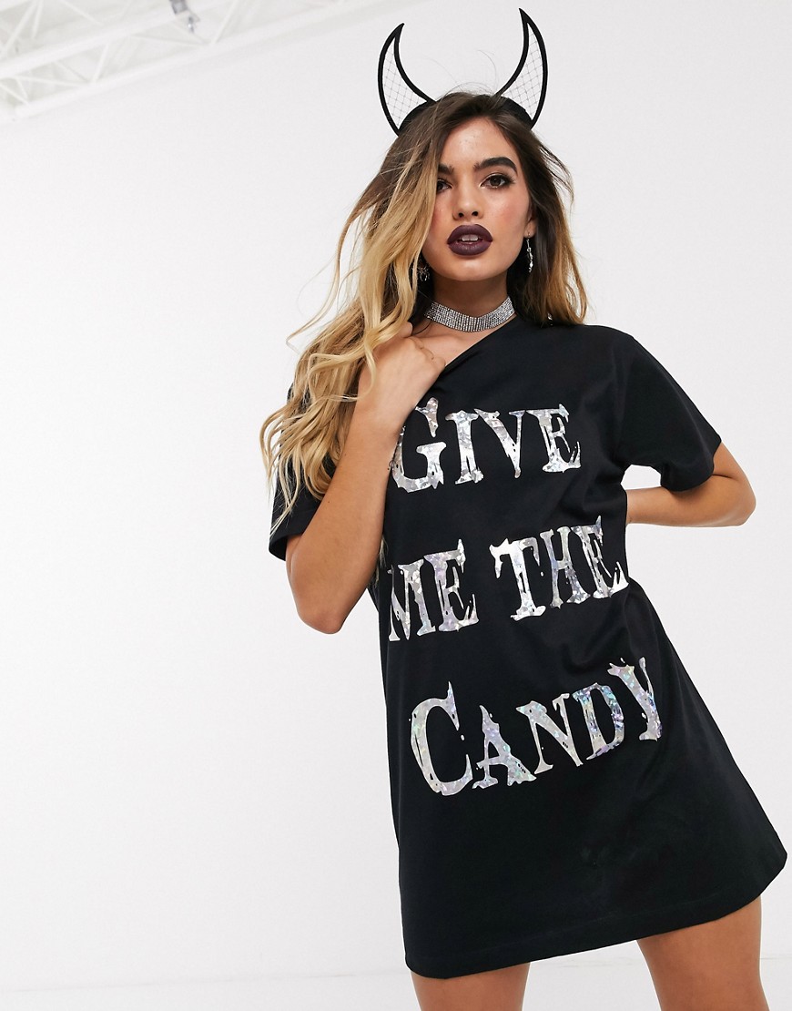 ASOS DESIGN - Halloween - Pyjamastrøje med holografisk - Hand me the candy-Sort