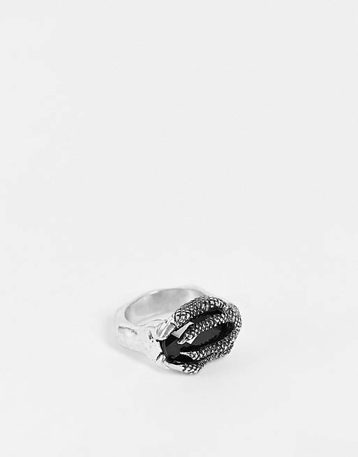 ASOS DESIGN Halloween ring with textured claw and black stone in burnished silver tone